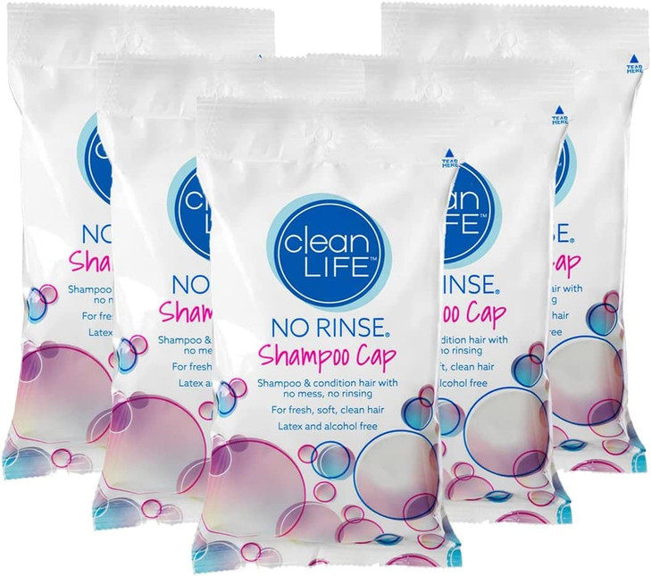 Cleanlife Products NoRinse Shampoo Cap 5 Pack Waterless Rinseless Hair Washing and Conditioning Shower Caps for Bathing