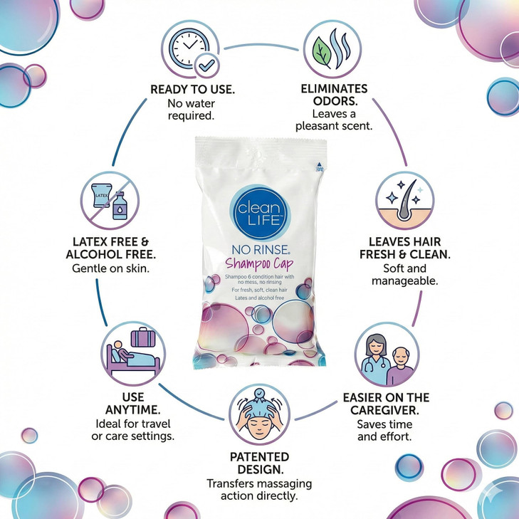 Cleanlife Products NoRinse Shampoo Cap 5 Pack Waterless Rinseless Hair Washing and Conditioning Shower Caps for Bathing