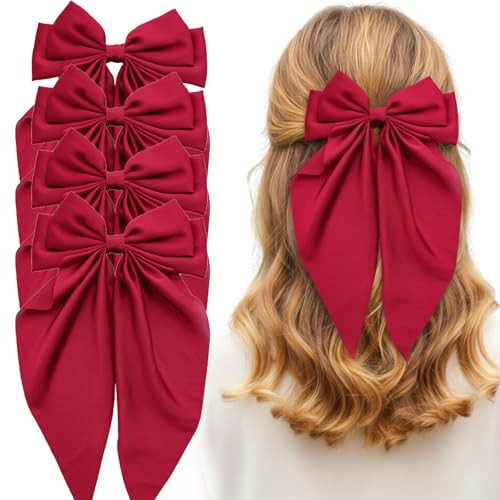 Capiant 4 PACK Red Satin Bows Hair Barrettes, Hair Bows for Women, Hair Bow with Long Tail, Long Tail Valentine's Day Hair Accessories, Hair Accessor