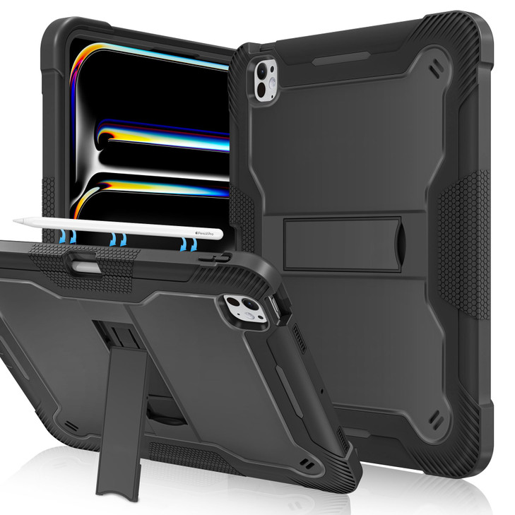 Fingic for iPad Pro 13 inch Case 2024 M4 7th Generation with Pencil Holder Heavy Duty High-Impact Shockproof Soft Silicone Rugged Hard PC Bumper Kick