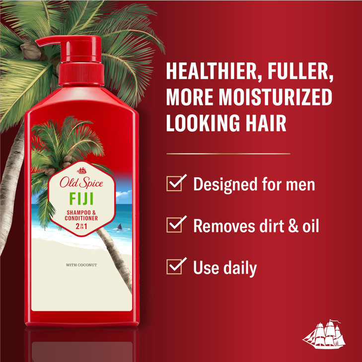 Old Spice Mens 2in1 Shampoo and Conditioner Fiji Coconut Tropical Wood Scent Healthier Fuller Moisturized Looking Hair 2