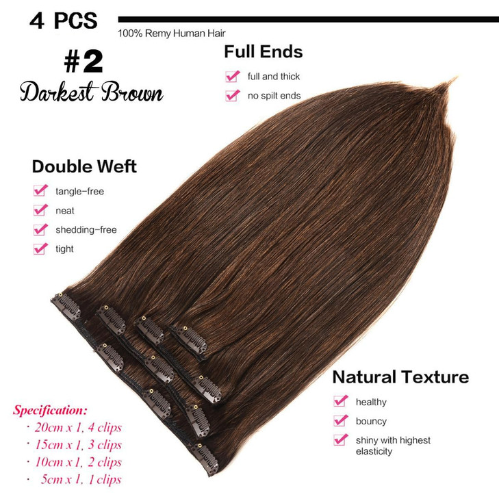GEELOOK Clip in Hair Extensions Real Human Hair 14 Inch Darkest Brown 2 Color Double Weft 100 Remy Human Hair Thick Long