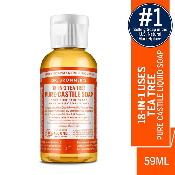 Dr. Bronner's - Pure-Castile Liquid Soap (Tea Tree, 2 ounce) - Made with Organic Oils, 18-in-1 Uses: Acne-Prone Skin, Dandruff, Laundry, Pets and Dis