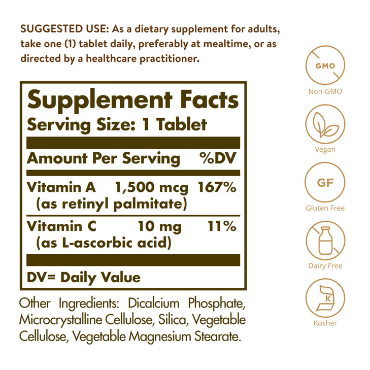 Solgar Dry Vitamin A 1500 mcg (5000 IU), 100 Tablets - Supports Healthy Eyes, Skin & Immune System - Non-GMO, Vegan, Gluten Free, Dairy Free, Kosher