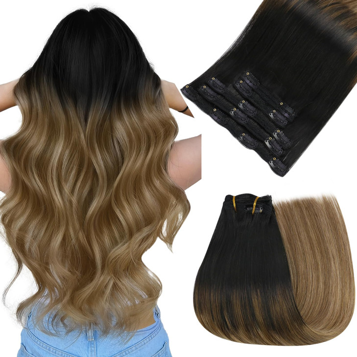 Easyouth Clip in Hair Extensions Ombre Black Clip on Hair Extensions Black to Dark Brown Mix Caramel Brown Balayage Remy