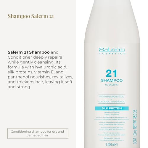 Salerm Hydrating Shampoo 21 Silk Protein 1000 ml for Dry and Damaged Hair with Silk Proteins Nourishes Repairs and Revit