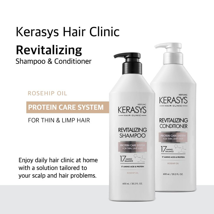 Kerasys Hair Clinic Protein Care System for Thin Limp Hair Rosehip Oil REVITALIZING 202 fl oz 600 ml Shampoo Conditioner