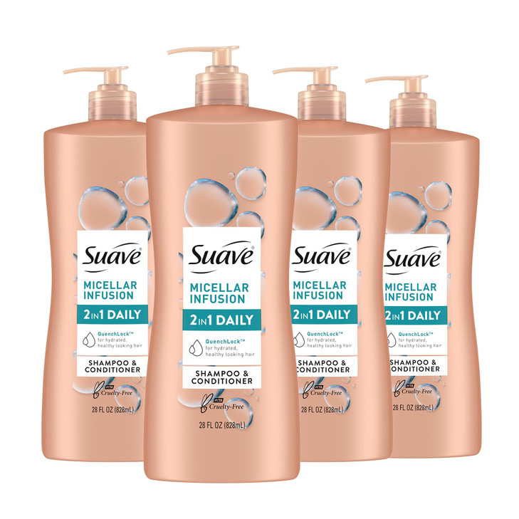 Suave 2 in 1 Shampoo and Conditioner with Micellar Infusion cleansing and conditoning For All Hair Types 28 oz Pack of 4