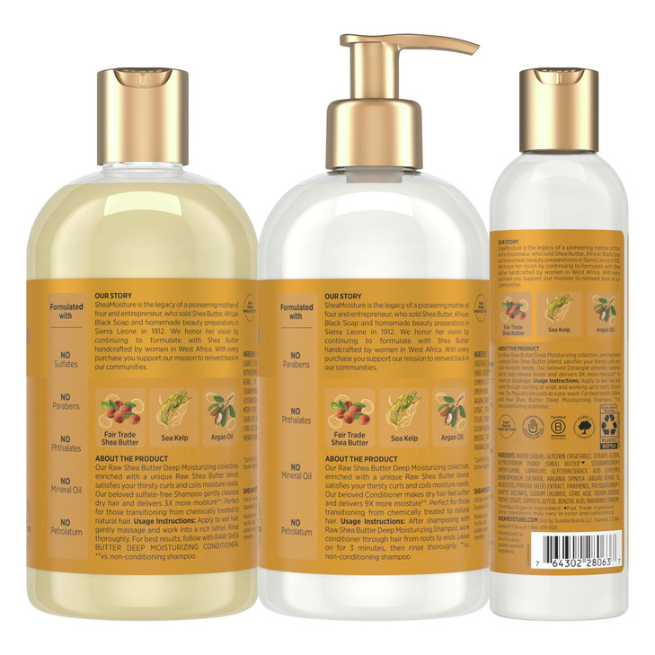 SheaMoisture Deep Moisturizing Hair Care 3 Count Raw Shea Butter For Curly Dry and Damaged Hair Sulfate Free Shampoo and