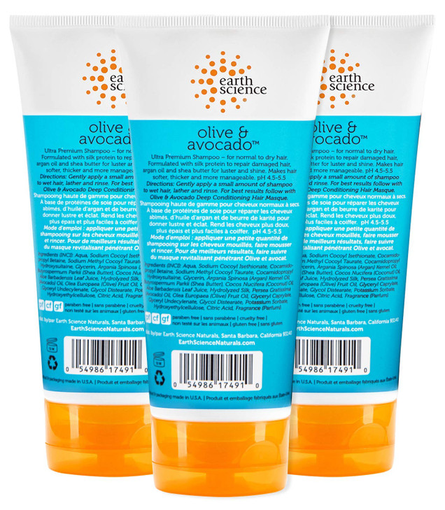 EARTH SCIENCE Olive Avocado Oil Shampoo Super Concentrated for Normal to Dry Hair 3pk 6 oz