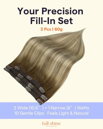 Full Shine Ombre Clip in Extensions Medium Brown to Ash Brown Mix Dirty Blonde 18 Inch Straight Clip in Hair Extensions