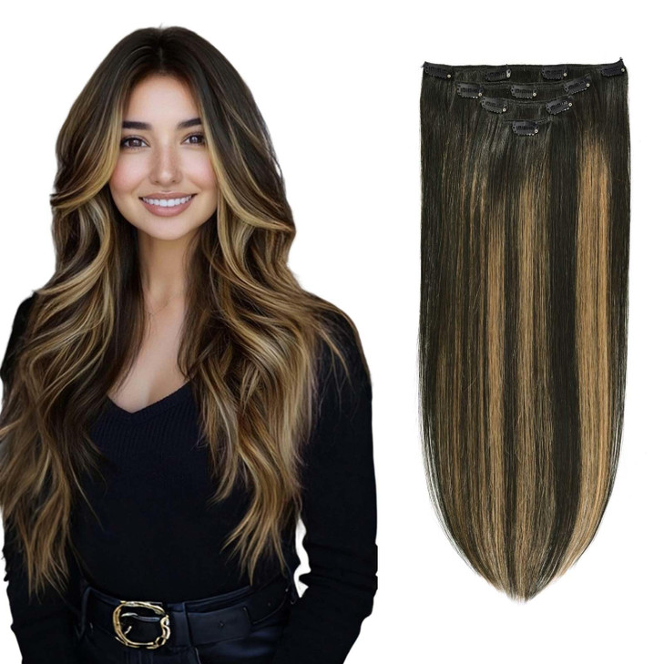GEELOOK Clip in Hair Extensions Real Human Hair 20 Inch Natural Black mixed Chestnut Brown 1b61b Double Weft 100 Remy Hu