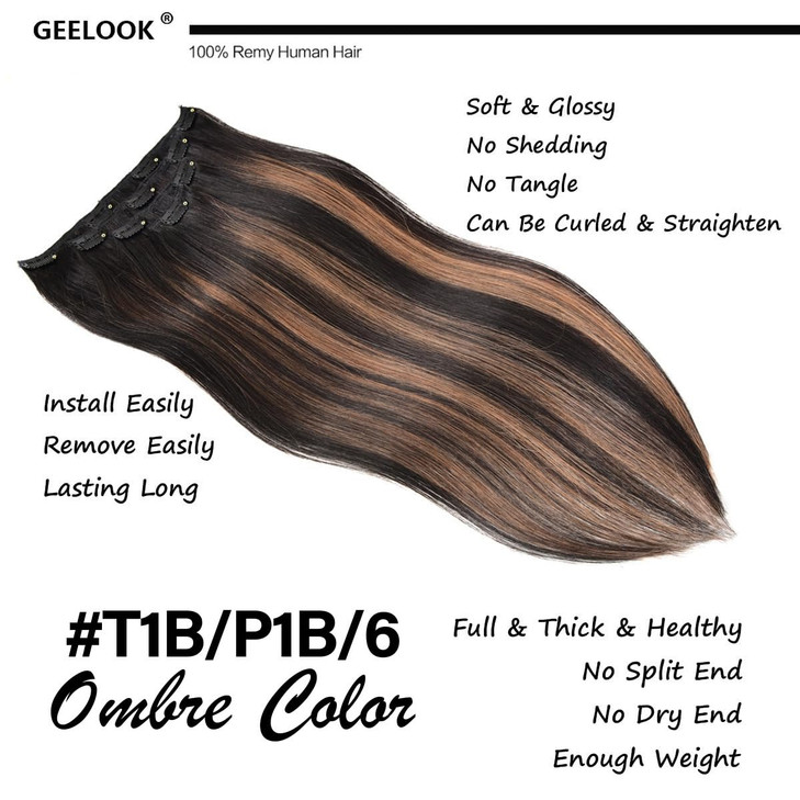 GEELOOK Clip in Hair Extensions Real Human Hair 20 Inch Natural Black mixed Chestnut Brown 1b61b Double Weft 100 Remy Hu