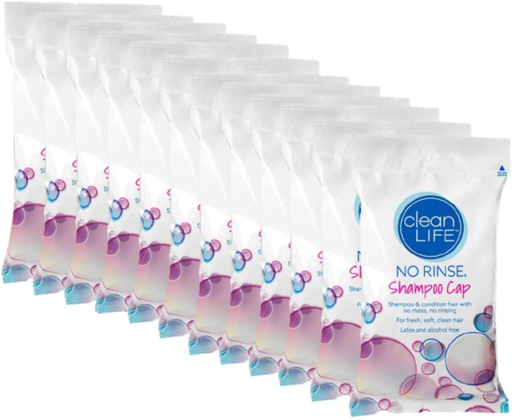 Cleanlife Products NoRinse Shampoo Cap 12 Pack Waterless Rinseless Hair Washing and Conditioning Shower Caps for Bathing