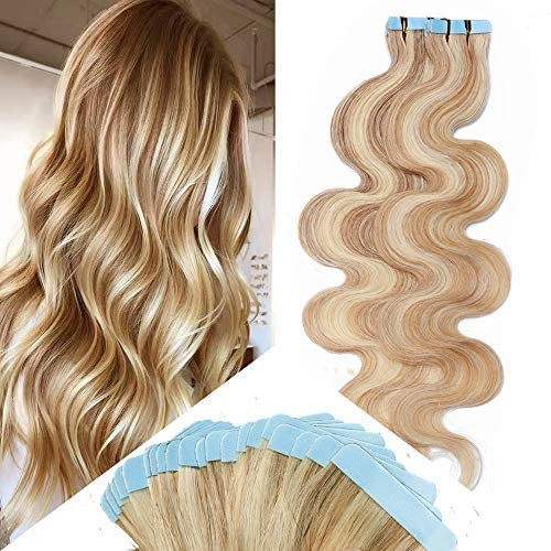 Hairro Tape in Human Hair Extensions Down 16 Inch Ash Blonde Mix Bleach Blonde