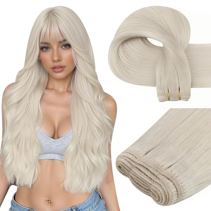 Easyouth Sew in Hair Extensions Blonde Straight Weft Human Hair Extensions White Blonde Smooth Texture Remy Human Hair W