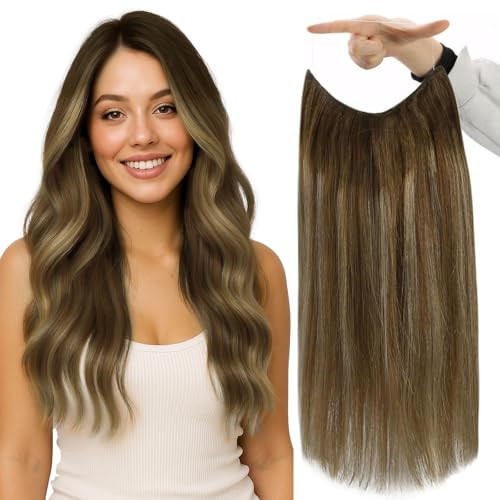 Fshine Wire Hair Extensions Real Human Hair 14 Inch Balayage Medium Brown Ombre Caramel Blond Adjustable Fish Line Hair