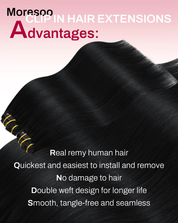 Moresoo Black Clip in Hair Extensions Straight Remy Double Weft Human Hair Clip in Extensions Straight Hair Extensions f