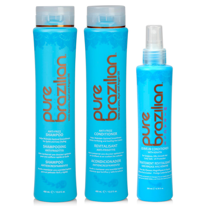 Pure Brazilian 3Piece Daily Essentials Kit AntiFrizz Shampoo Conditioner Miracle LeaveIn Conditioner with Keratin Cocoa