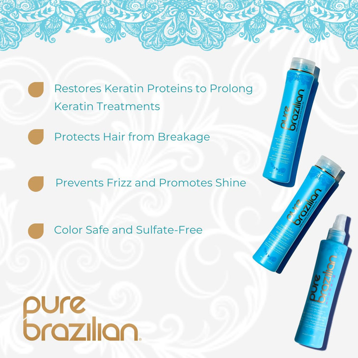 Pure Brazilian 3Piece Daily Essentials Kit AntiFrizz Shampoo Conditioner Miracle LeaveIn Conditioner with Keratin Cocoa