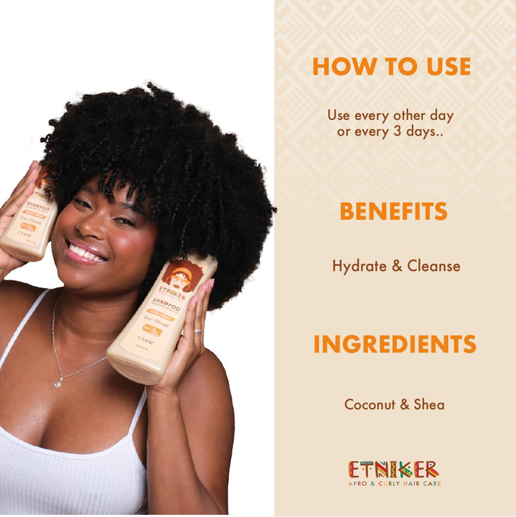 ETNIKER Nourishing Shampoo for Curly Wavy Hair Hydrates Softens Restores Moisture Coconut Shea Butter Formula SulfateFre