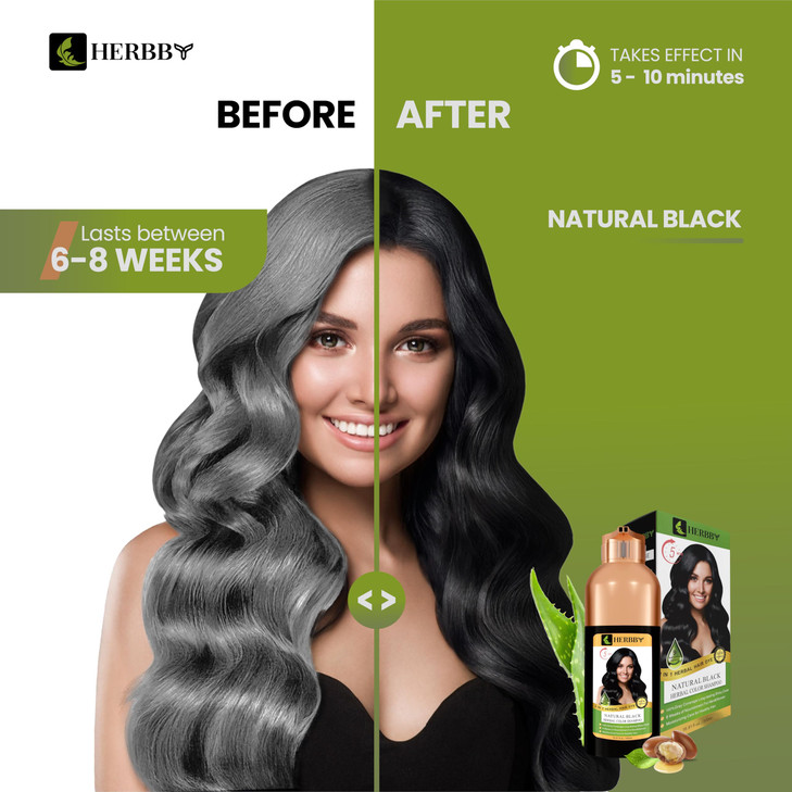 HERBBY Hair Color Shampoo for Gray Hair CoverageColor Transform with 9 Herbal Extracts Long Lasting68 WeeksShinyEvenly C