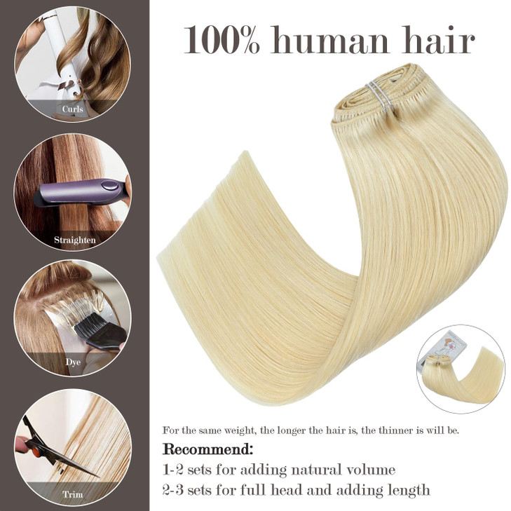 Honsoo Clip in Hair Extensions Real Human Hair Platinum Blonde 14Inch 120g 7pcs Hair Extensions Clip in Real Human Hair