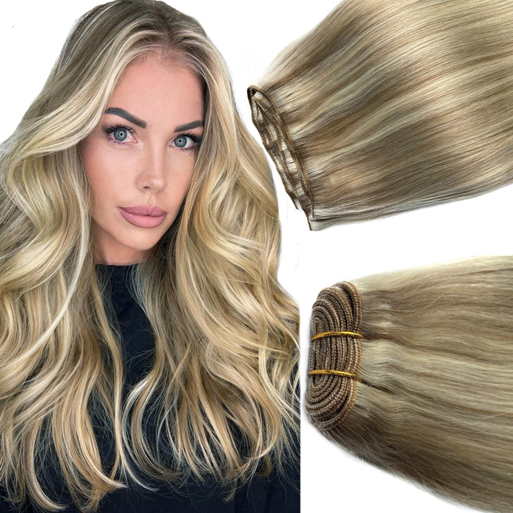 Sew In Real Human Hair Extensions 12 Inch 80G Balayage Ash Blonde to Blonde Highlights Hand Tied Weft Extensions