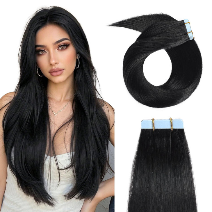 YILITE Tape in Hair Extensions Human Hair Silky Straight Remy Human Hair Extensions Tape in 20pcs 50g Jet Black Color 18