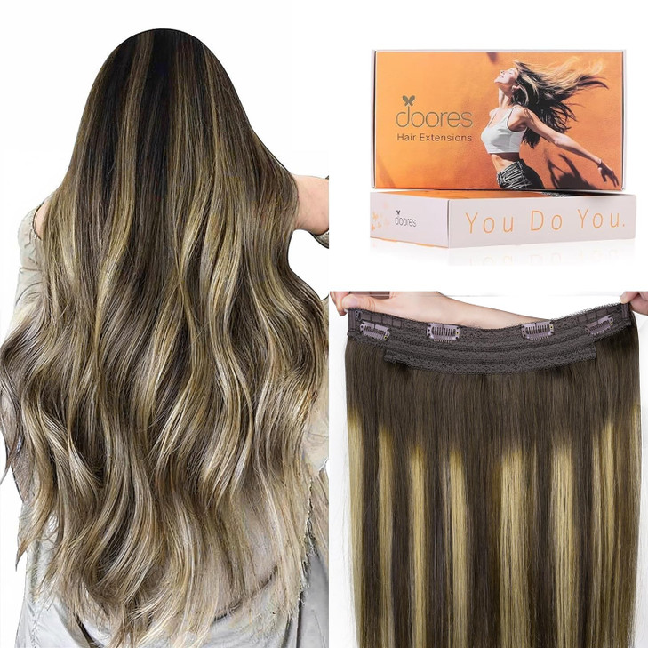 DOORES Wire Hair Extensions 16 Inch 95g Remy Human Wire Hair Extensions Invisible Transparent Line Adjustable Hairpieces