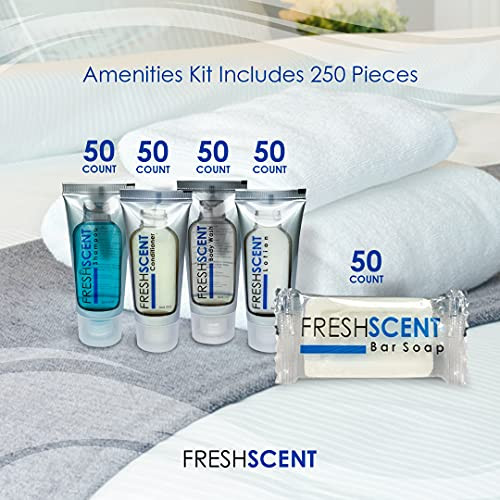 Freshscent Hotel Collection 250 Piece Set Travel Size Amenities Bulk Toiletries Kit of 50 Each 1oz tubes Shampoo Conditi