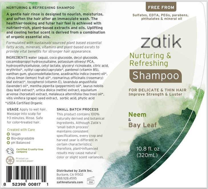 Zatik Naturals Nurturing and Refreshing Shampoo with Neem Bay Leaf for Dry Fine Delicate Hair Vegan Biodegradable pH Bal