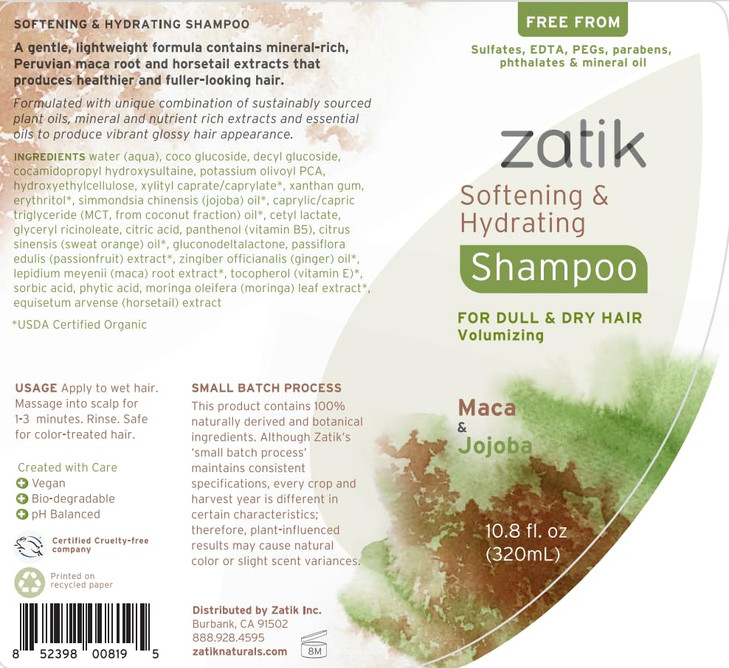 Zatik Naturals Softening and Hydrating Shampoo with Maca and Jojoba for all Hair Vegan Biodegradable pH Balanced Free Fr