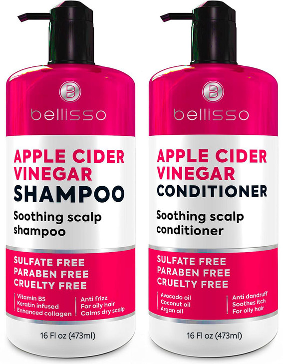 Apple Cider Vinegar Shampoo and Conditioner Set Stop Flaky and Itchy Scalp Sulfate Paraben Free Anti Dandruff Soothing T