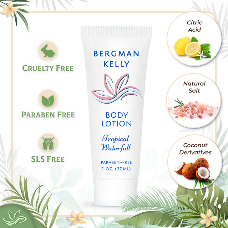 Bergman Kelly Hotel Toiletries Bundle Tropical Waterfall 1 oz each 100 Pcs 4Piece Set 25 Rectangular Bar Soap 25 Shampoo
