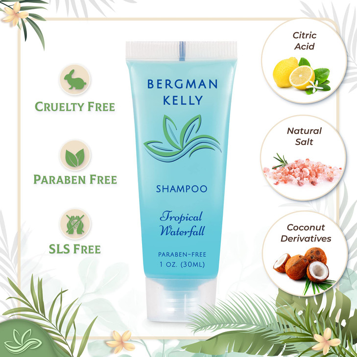 BERGMAN KELLY Hotel Toiletries Bundle Tropical Waterfall 1 oz each 200 Pieces 4Piece Set 50 Rectangular Bar Soap 50 Sham