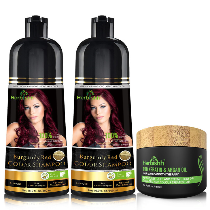 Combo Pack Herbishh Color Shampoo for Gray Hair Argan Intense Hair Mask Longlasting Dye Colors in Minutes Stimulates Dry