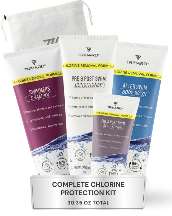 TRIHARD Chlorine Defense Gift Set for Hair Skin Swim Protection Pre Post Swim Shampoo Conditioner Body Wash Lotion Summe