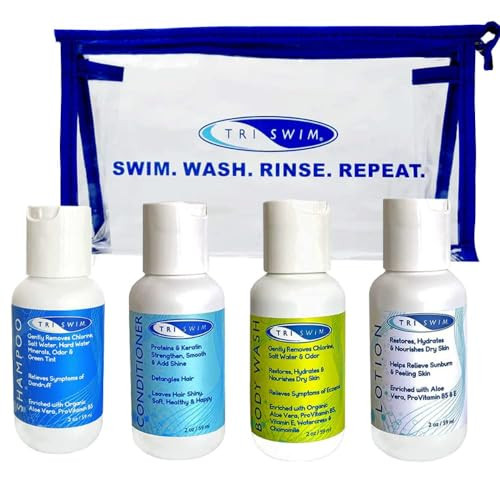 TRISWIM Shot Set in Travel Bag 2oz Travel Size Chlorine Removal Shampoo Swimmers Conditioner Swim Body Wash and Lotion R