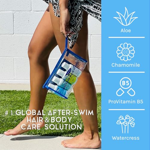TRISWIM Shot Set in Travel Bag 2oz Travel Size Chlorine Removal Shampoo Swimmers Conditioner Swim Body Wash and Lotion R