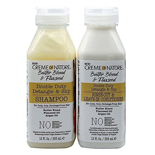 Creme of Nature Butter Blend Flaxseed Shampoo Conditioner for Curly Coily Shrinkage Prone Hair Styling Bundle Collection