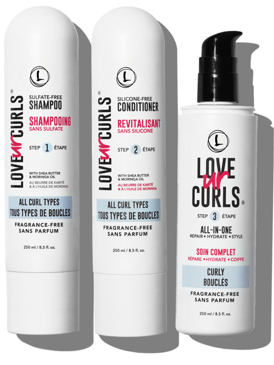 Love Ur Curls Fragrance Free Shampoo and Conditioner Set with All in One Curl Cream Styler for Curly Hair 3 Step System