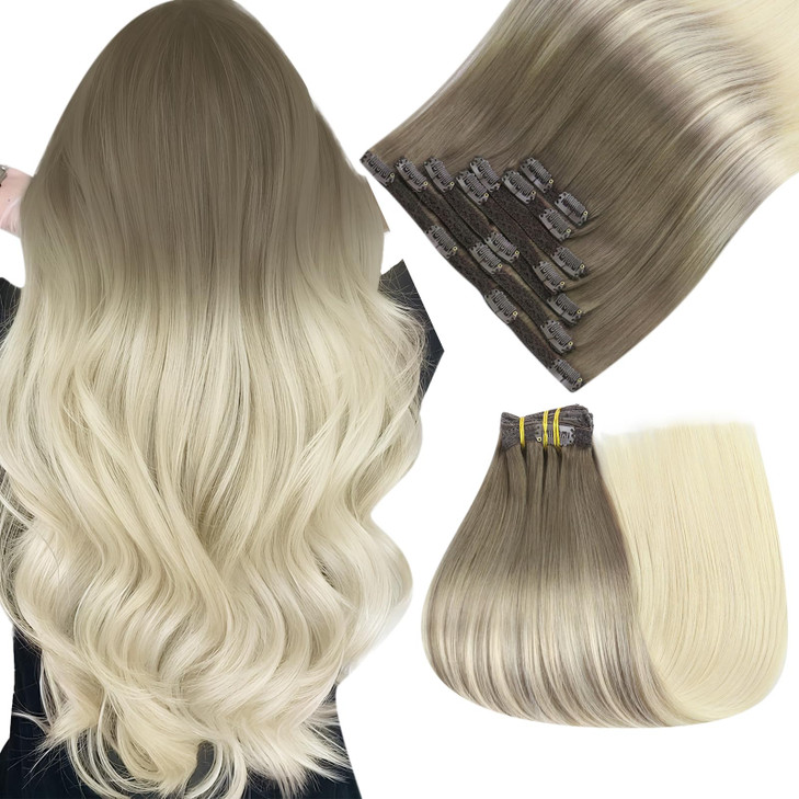 Easyouth 22 Inch Clip in Extensions Real Human Hair Ombre Extensions Clip in Human Hair Light Brown Ombre Platinum Blond