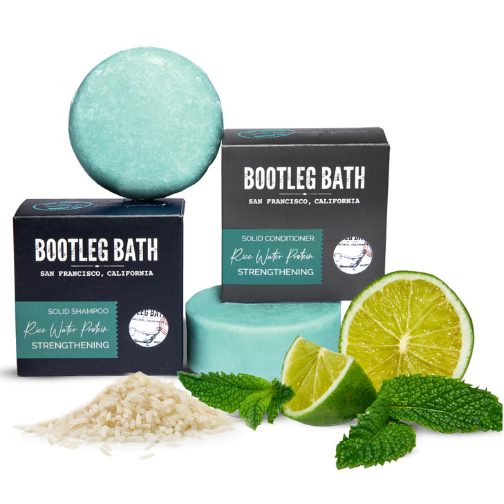 BOOTLEG BATH Strengthening Shampoo and Conditioner Bar Set with Rice Water Protein and Argan Oil Vegan SulfateFree Phtha