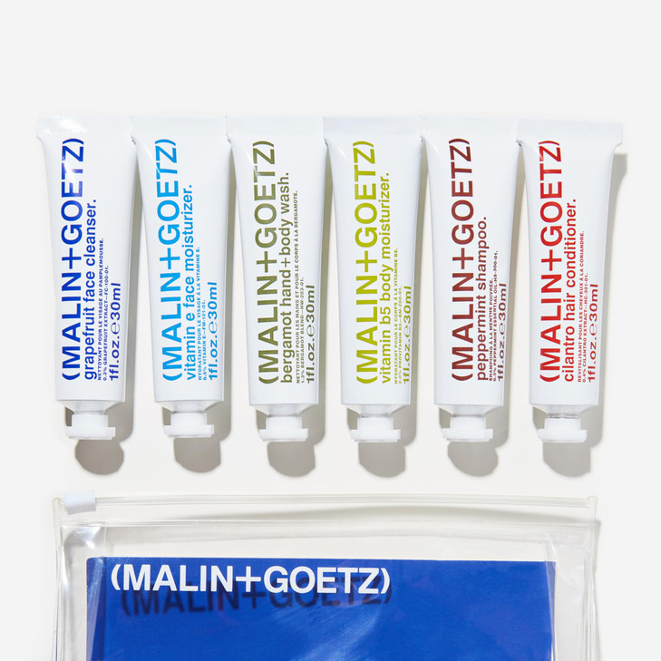 MALINGOETZ BestSellers Travel Kit Six Everyday Essentials for Face Body Hair Grapefruit Face Cleanser Vitamin E Face Moi