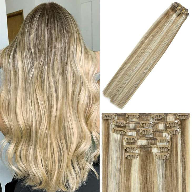 WindTouch Clip in Hair Extensions Real Human Hair Balayage Mixed Bleach Blonde Hair Extensions 15Inch 75g 7PCS Highlight