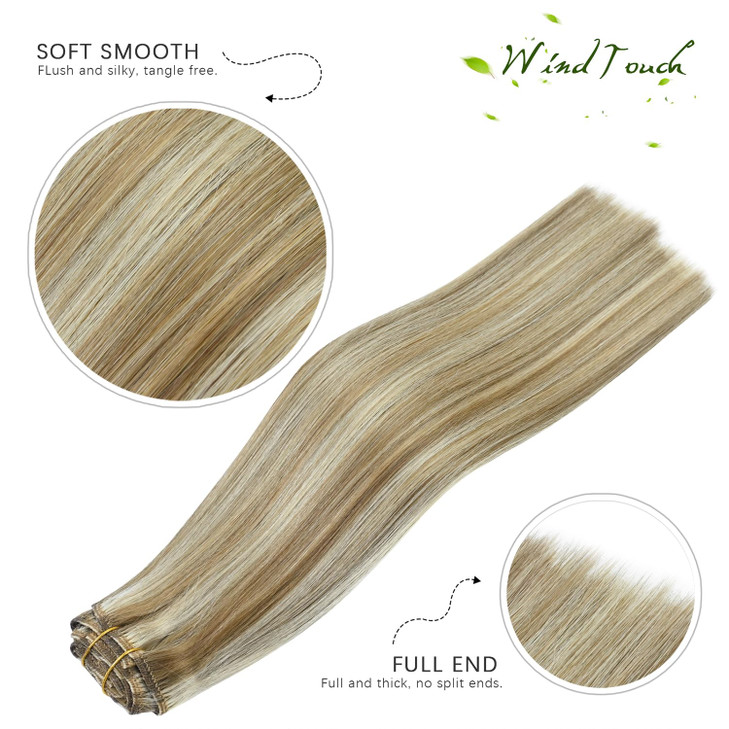 WindTouch Clip in Hair Extensions Real Human Hair Balayage Mixed Bleach Blonde Hair Extensions 15Inch 75g 7PCS Highlight