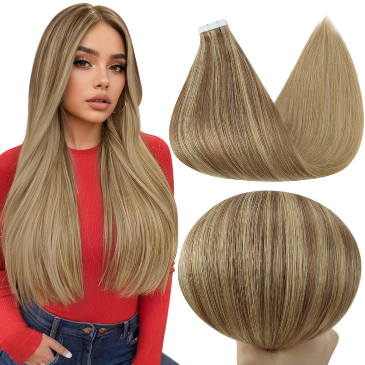 Full Shine Tape in Human Hair Extensions 18 Inch Double Sided Tape in Hair Extensions Color 101616 Adhesive Human Hair E