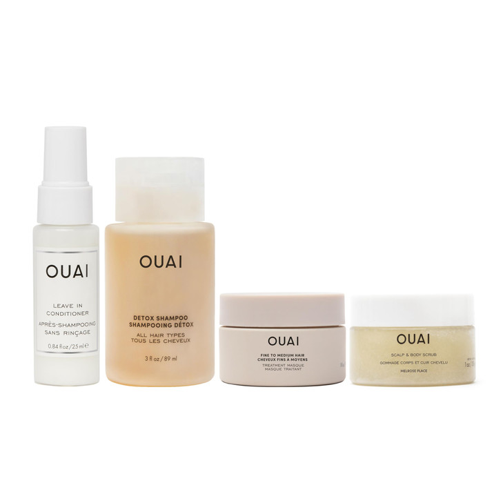 OUAI Travel Kit Includes Travel Size Leave In Conditioner Detox Shampoo Fine to Medium Hair Mask Scalp Body Scrub 4 Coun
