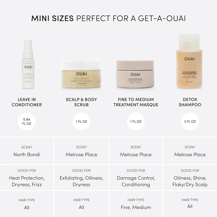 OUAI Travel Kit Includes Travel Size Leave In Conditioner Detox Shampoo Fine to Medium Hair Mask Scalp Body Scrub 4 Coun